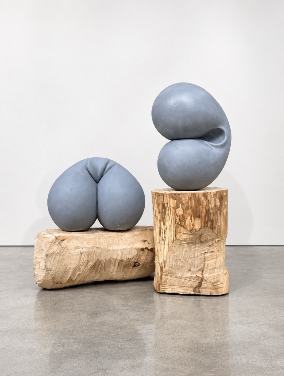 Contemporary abstract sculpture by Miriam Gallardo, two stacked organic bulbous forms in blue-grey tone on a wood pedestal