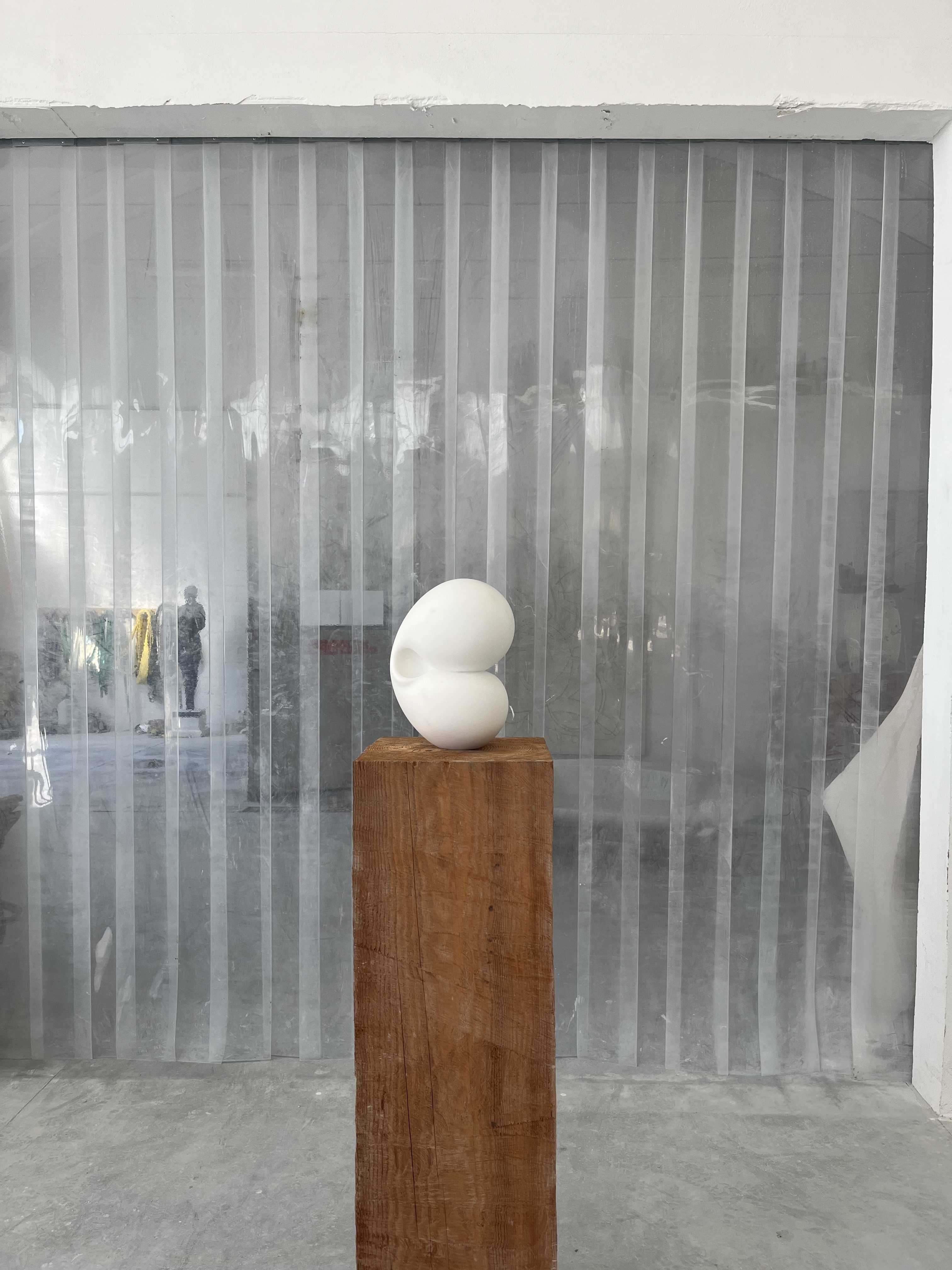 Carrara statuary marble sculpture by Miriam Gallardo, contemporary organic bulbous form on a wood pedestal in the studio